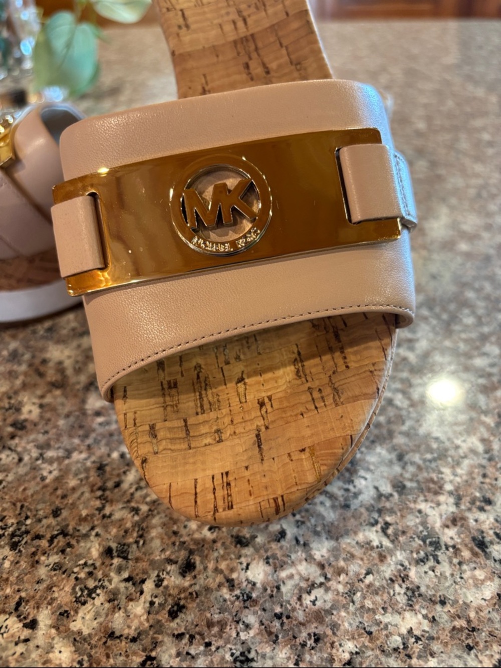 Michael Kors Warren Nude Leather Cork Wedge Slide Sandals with Gold MK Medallion - Picture 3 of 16
